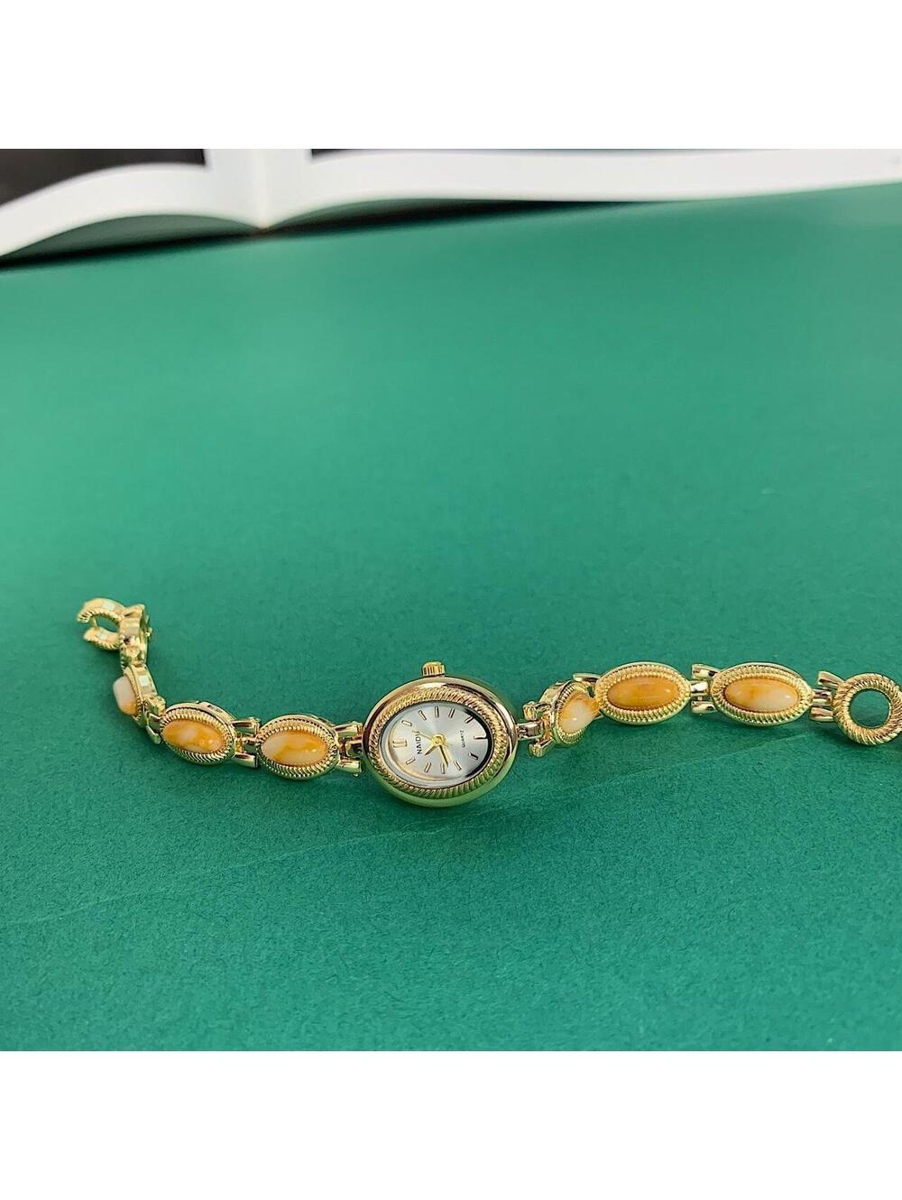 Y2k style Dainty cute Gold style tone quartz watch with orange jade stone opal - Picture 7 of 8
